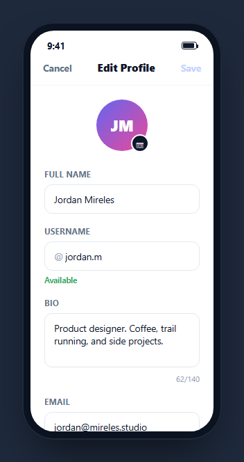 Screenshot of the Mobile Edit Profile Screen snippet rendered live