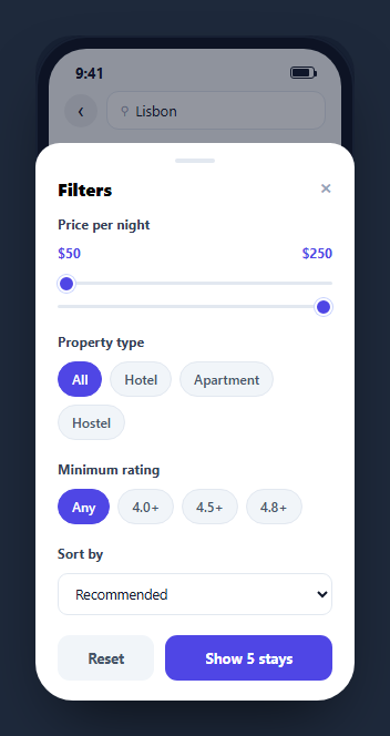 Screenshot of the Mobile Search Filters Screen snippet rendered live