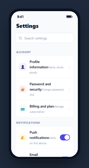 Screenshot of the Mobile Settings Screen with Live Search snippet rendered live