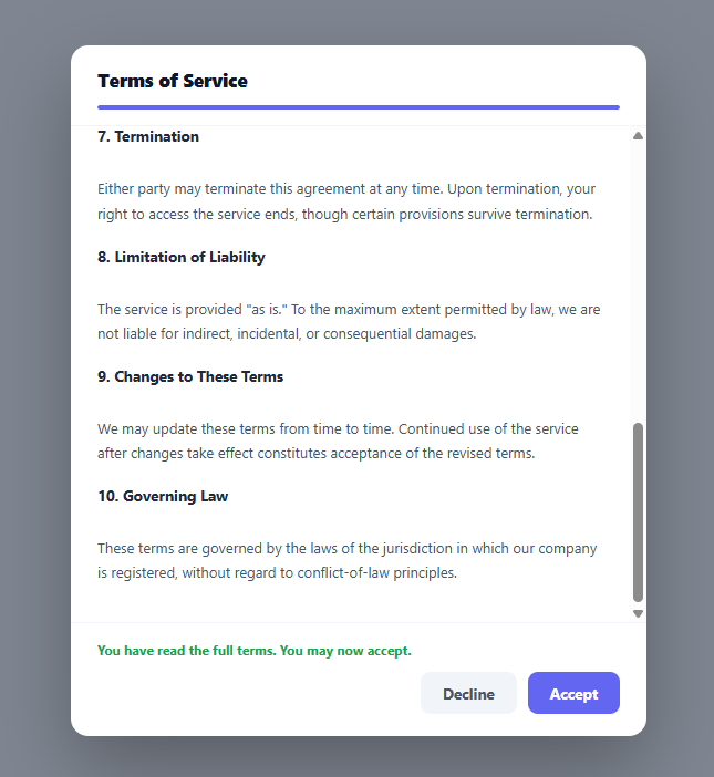 Screenshot of the Terms Modal with Scroll-to-Accept snippet rendered live