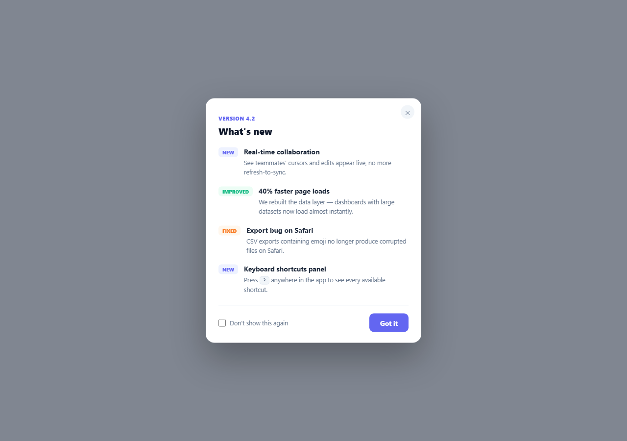 Screenshot of the What's New Changelog Modal snippet rendered live