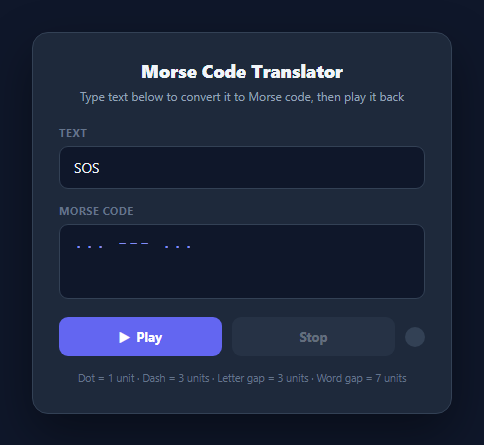 Screenshot of the Morse Code Translator & Player snippet rendered live