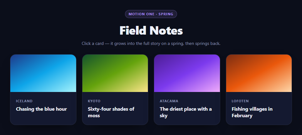 Screenshot of the Motion One Spring Card Expand snippet rendered live