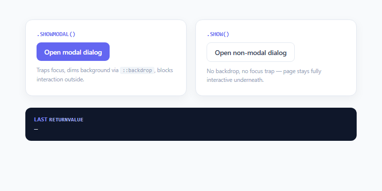 Screenshot of the Native <dialog> Element Showcase snippet rendered live