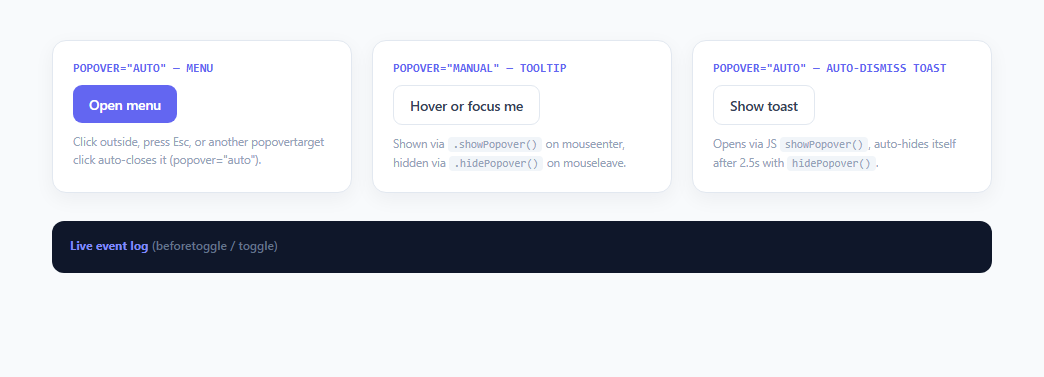 Screenshot of the Native HTML Popover API Demo snippet rendered live