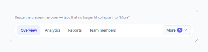 Screenshot of the Nav Tabs — Overflow Collapse to "More" Menu snippet rendered live