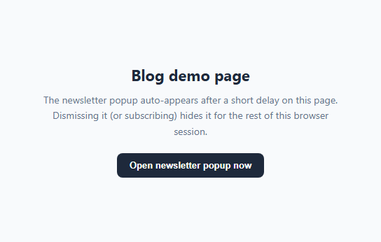Screenshot of the Newsletter Signup Popup Modal snippet rendered live