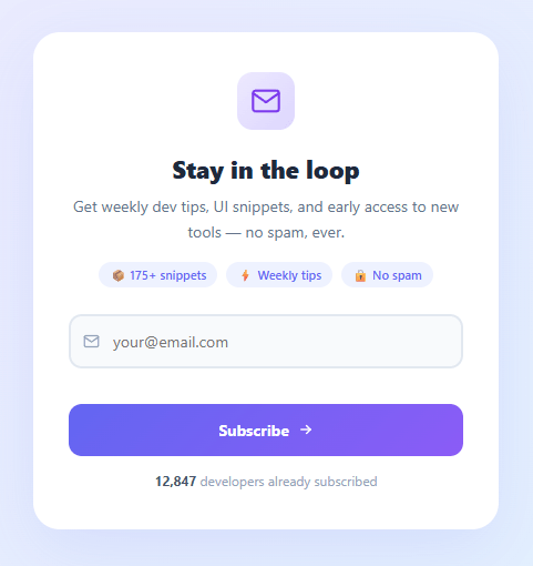 Screenshot of the Newsletter Signup Card snippet rendered live