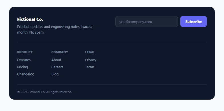 Screenshot of the Newsletter Subscribe Footer with Validation snippet rendered live