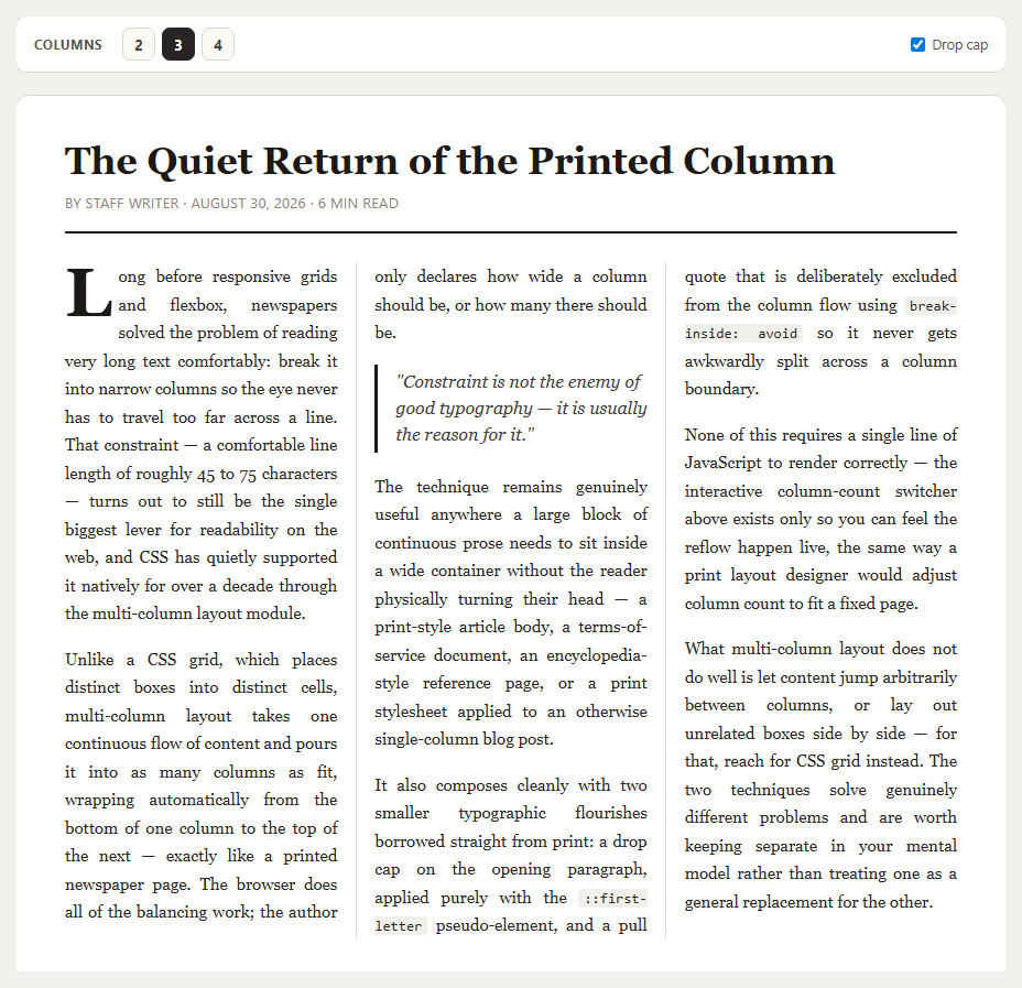 Screenshot of the Newspaper Column Layout snippet rendered live