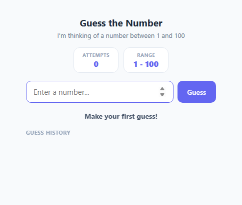Screenshot of the Number Guessing Game (1-100) snippet rendered live