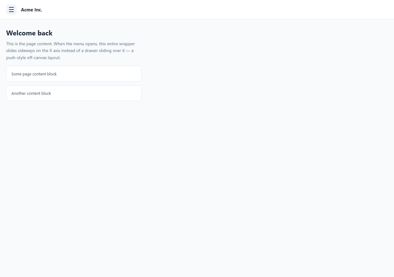 Screenshot of the Off-Canvas Push Menu snippet rendered live