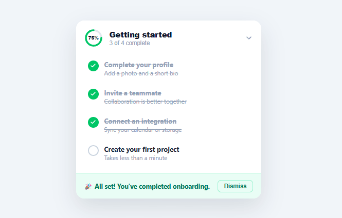 Screenshot of the Onboarding Checklist Widget snippet rendered live