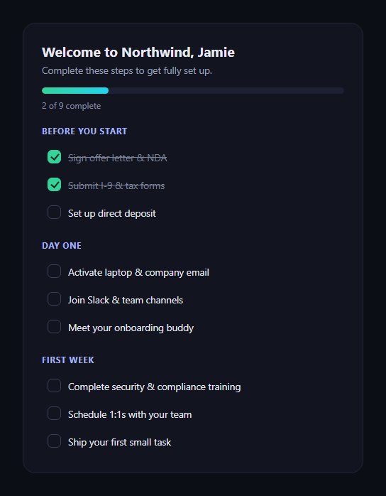 Screenshot of the New Hire Day-One Checklist snippet rendered live