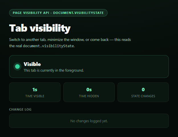 Screenshot of the Page Visibility API Indicator snippet rendered live