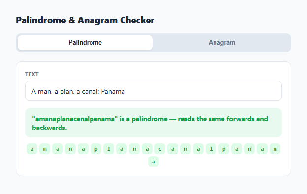 Screenshot of the Palindrome & Anagram Checker snippet rendered live