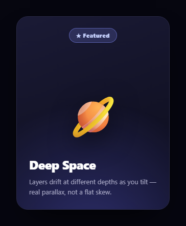 Screenshot of the Parallax Tilt Card snippet rendered live
