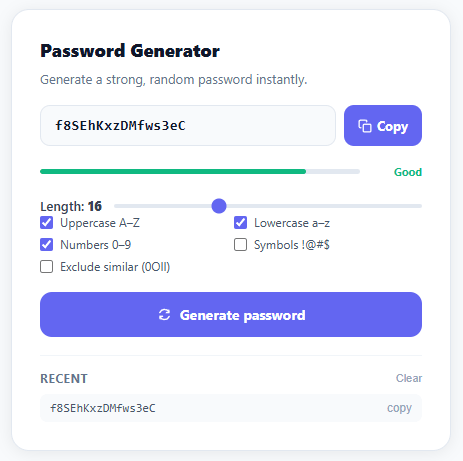 Screenshot of the Password Generator snippet rendered live