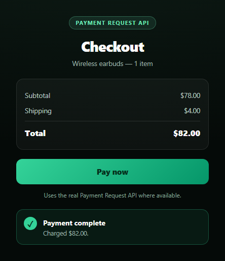 Screenshot of the Payment Request API Button snippet rendered live
