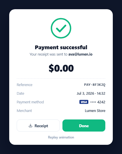 Screenshot of the Payment Success Card snippet rendered live