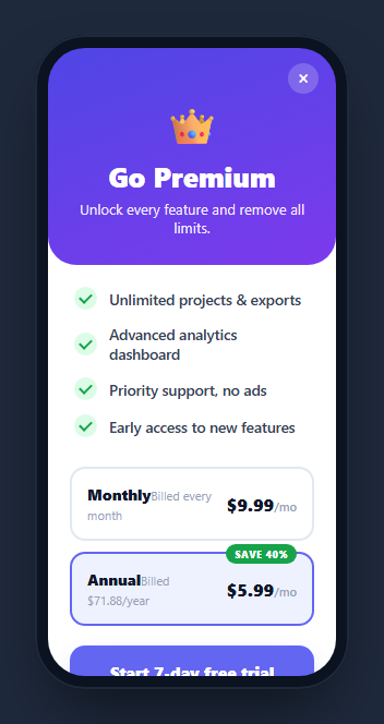 Screenshot of the Mobile Paywall Screen snippet rendered live