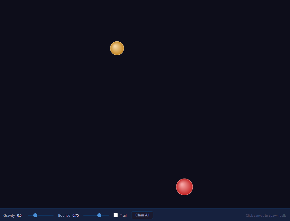 Screenshot of the Physics Balls snippet rendered live