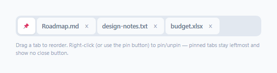 Screenshot of the Pinned, Draggable Browser-Style Tabs snippet rendered live