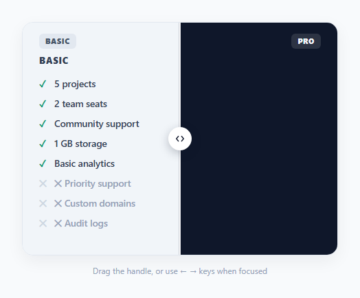 Screenshot of the Plan Comparison Slider — Drag to Reveal Basic vs Pro Features snippet rendered live