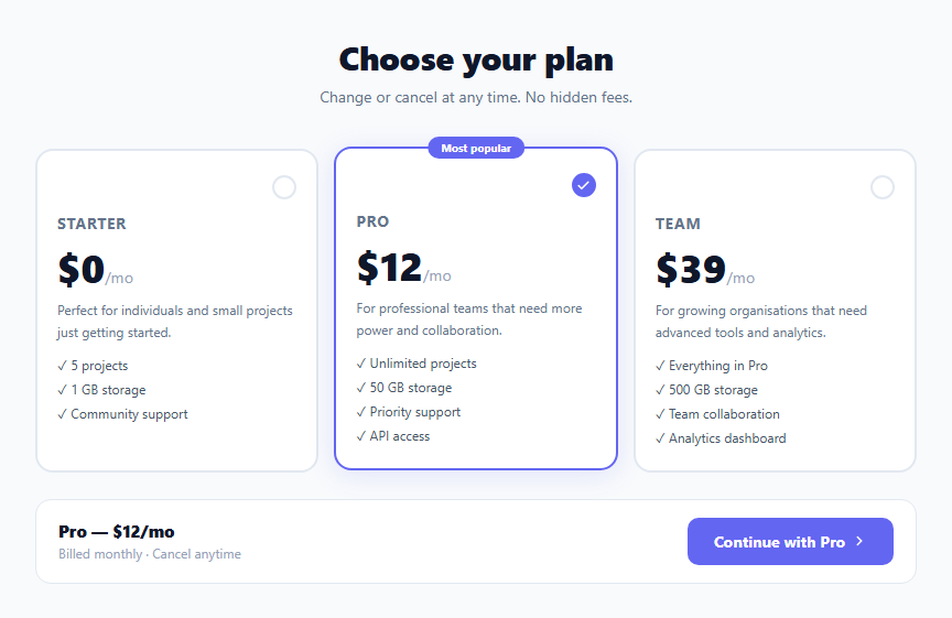Screenshot of the Plan Selector snippet rendered live
