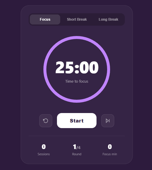 Screenshot of the Pomodoro Timer snippet rendered live