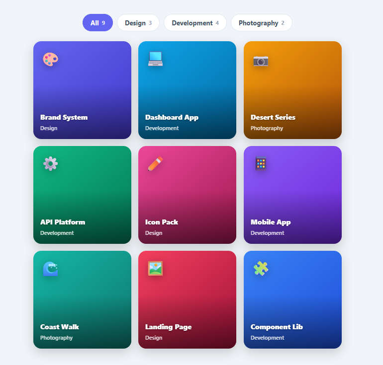 Screenshot of the Portfolio Filter Grid snippet rendered live