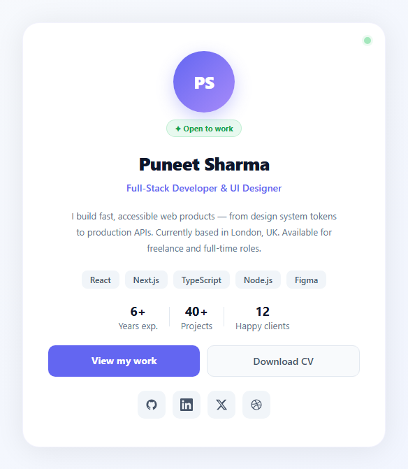 Screenshot of the Portfolio Hero snippet rendered live