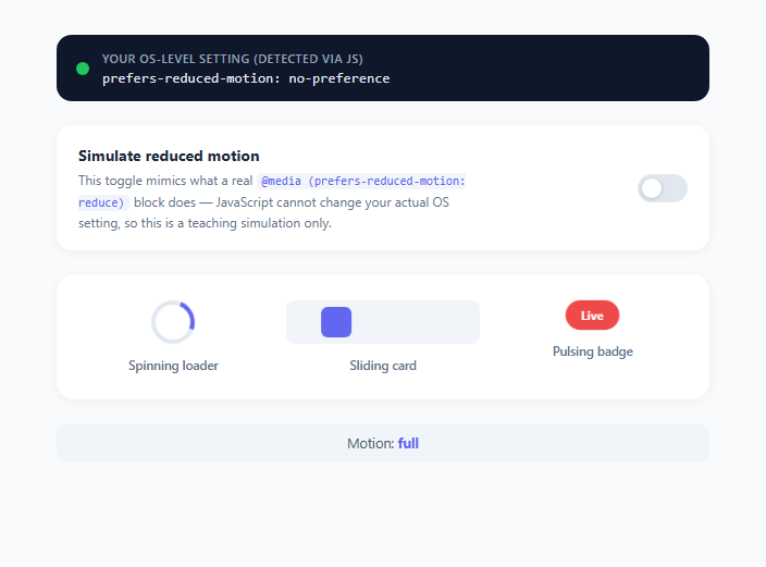 Screenshot of the prefers-reduced-motion Accessibility Demo snippet rendered live
