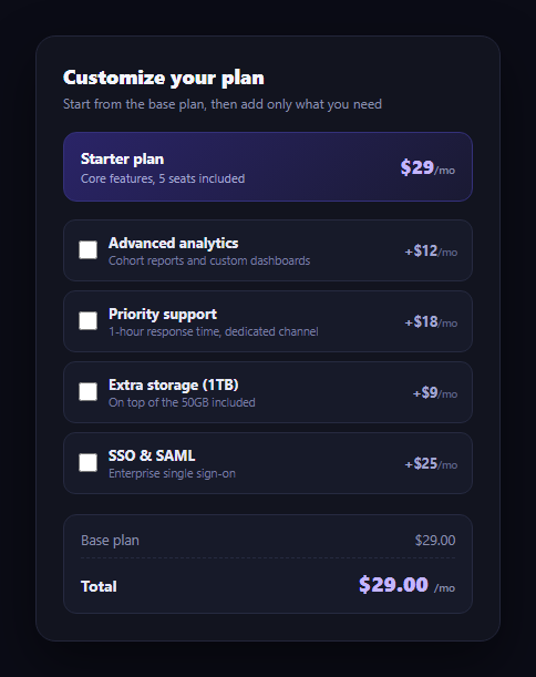 Screenshot of the Pricing Add-On Selector snippet rendered live