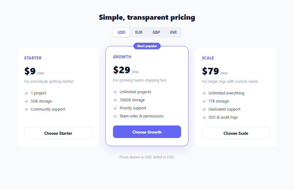 Screenshot of the Pricing Card Currency Switcher snippet rendered live
