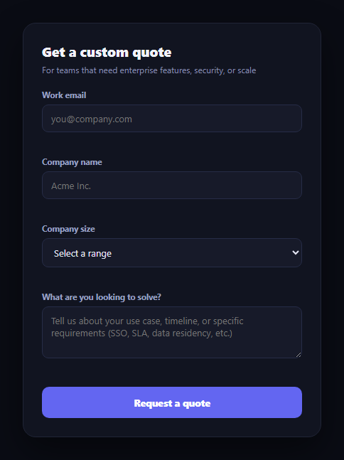 Screenshot of the Custom Quote Request Form snippet rendered live