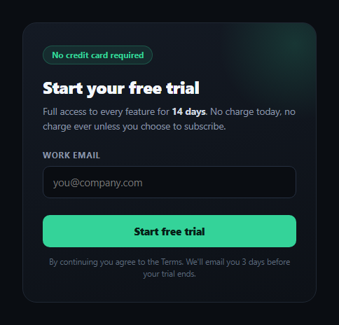 Screenshot of the Free Trial Signup Card snippet rendered live