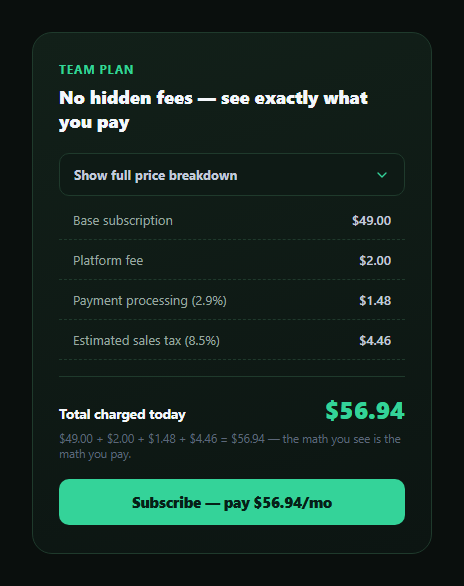 Screenshot of the Transparent Fees Breakdown snippet rendered live