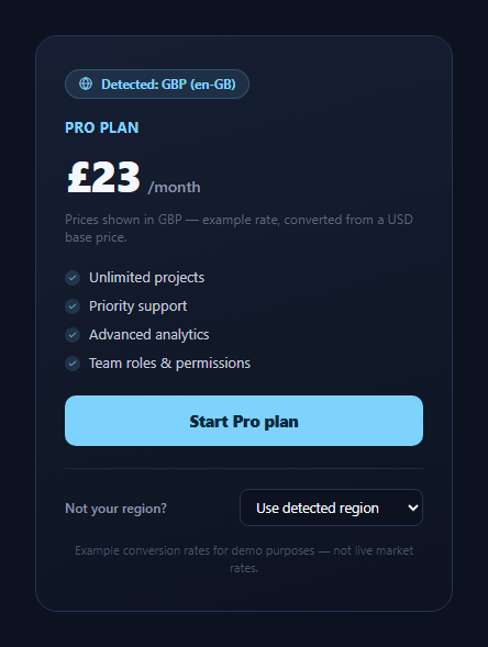 Screenshot of the Auto-Detected Regional Pricing snippet rendered live