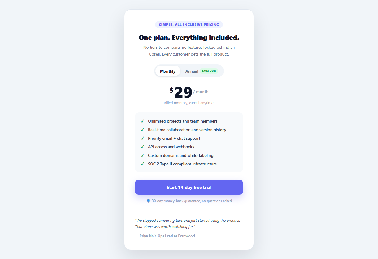 Screenshot of the Single-Plan Spotlight Pricing Card snippet rendered live
