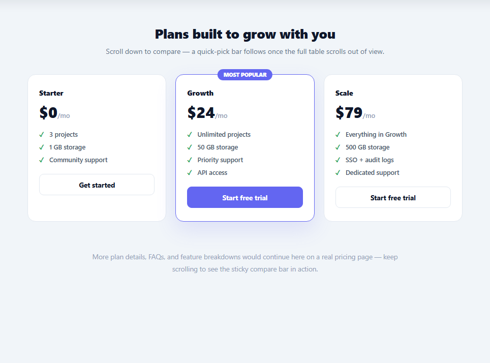 Screenshot of the Pricing Table with Sticky Compare Bar snippet rendered live