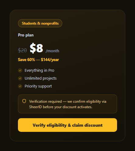 Screenshot of the Student & Nonprofit Discount Card snippet rendered live