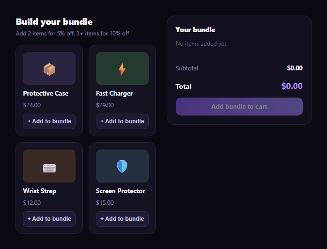 Screenshot of the Product Bundle Builder snippet rendered live