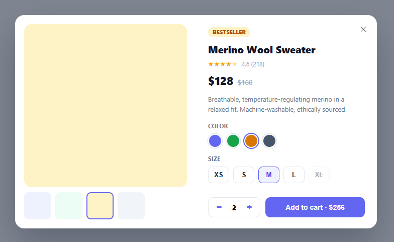 Screenshot of the Product Quick View snippet rendered live