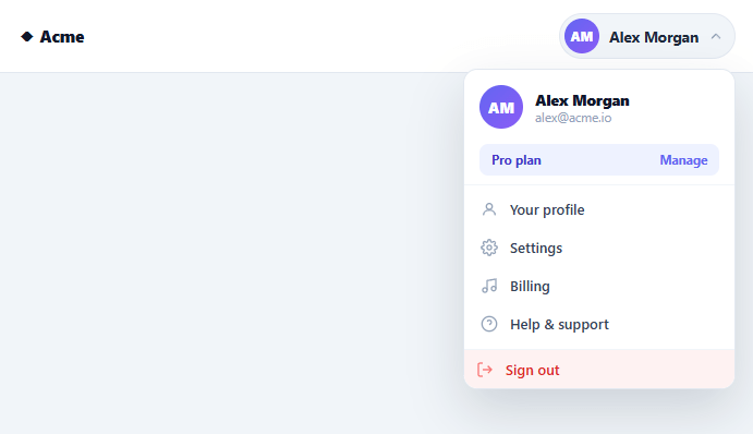 Screenshot of the Profile Dropdown Menu snippet rendered live