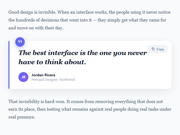 Screenshot of the Pull Quote snippet rendered live
