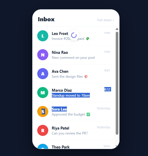 Screenshot of the Pull to Refresh snippet rendered live