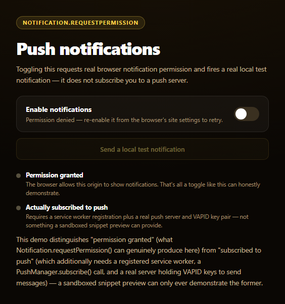 Screenshot of the Push Notification Subscription Toggle snippet rendered live