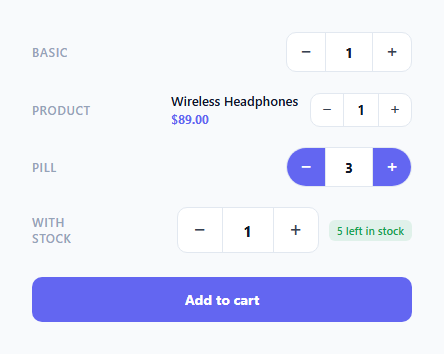 Screenshot of the Quantity Stepper snippet rendered live