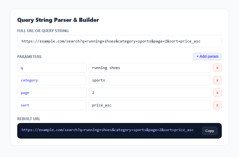 Screenshot of the URL Query String Parser & Builder snippet rendered live